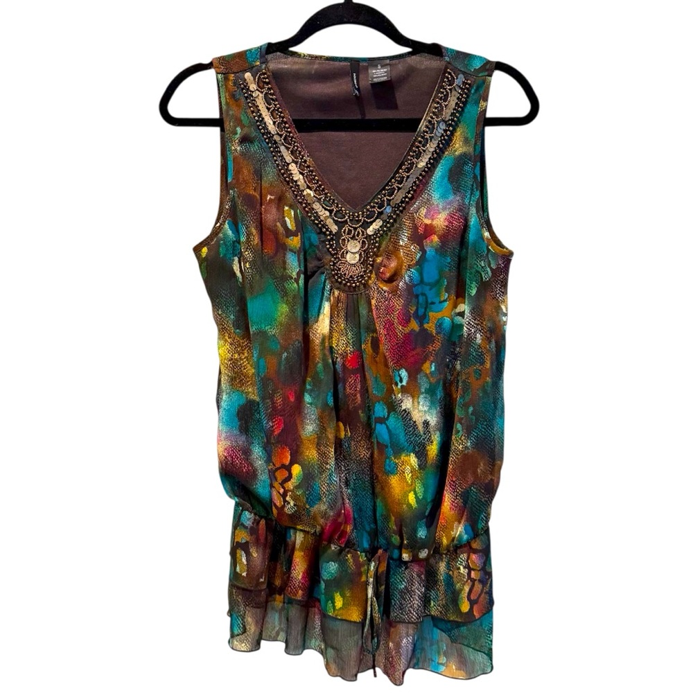 New Directions Multicolor Abstract Sleeveless V Neck Tank Embellished‎ Small